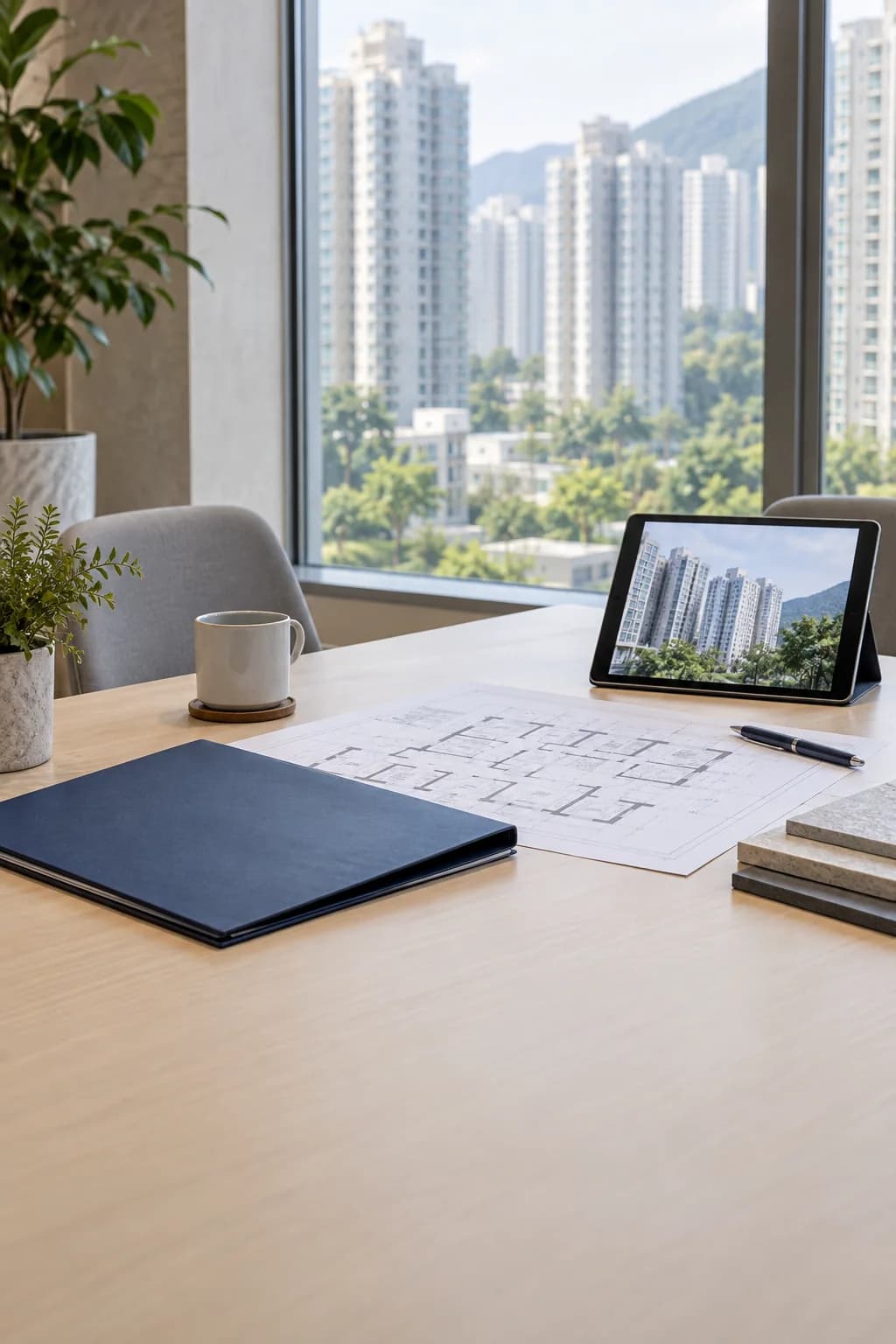 Illustration of estate maintenance planning with drawings, a project folder and residential buildings
