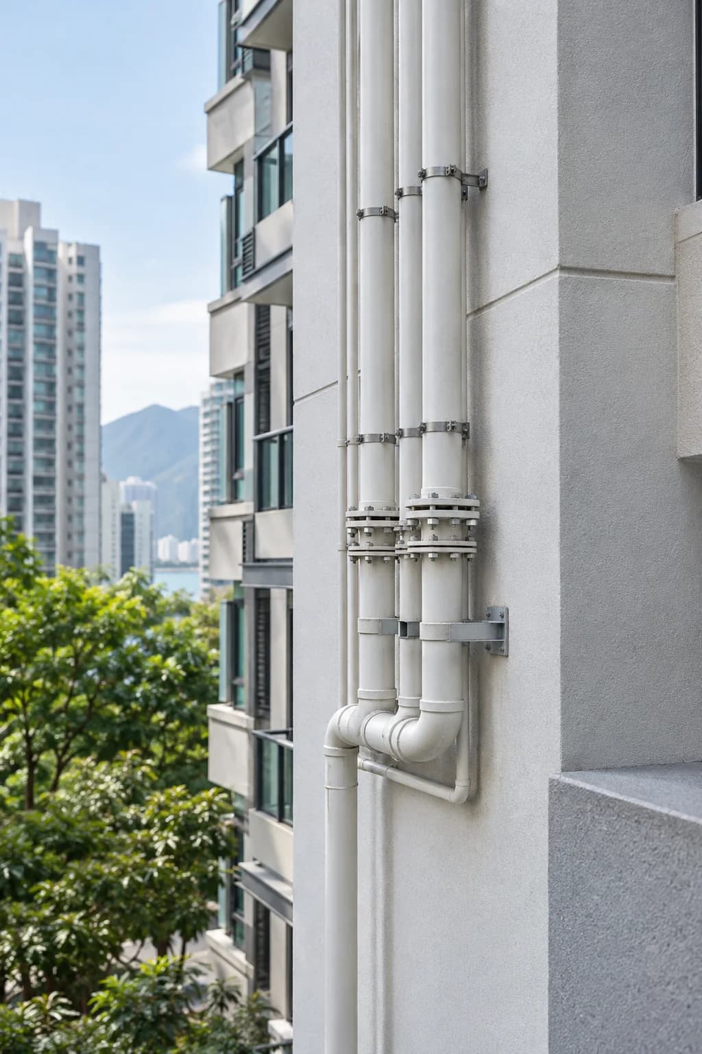 Illustration of external gas risers and mounting fittings on a residential building