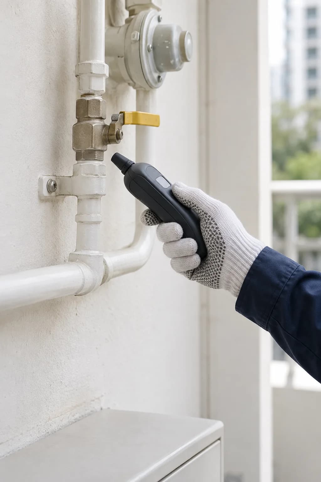 Illustration of a technician inspecting a gas pipe connection with a handheld instrument