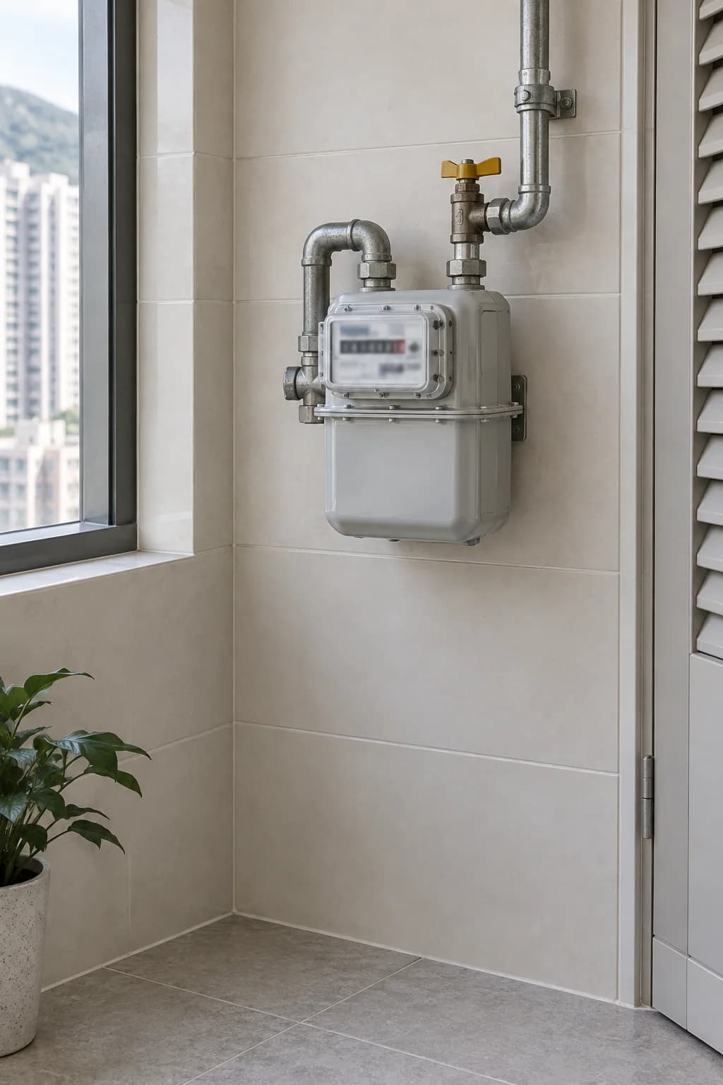 Illustration of a domestic gas meter position and neatly connected pipework