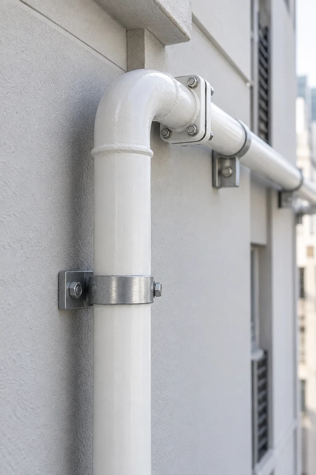 Illustration of newly finished white pipework, an elbow and metal mounting clamps